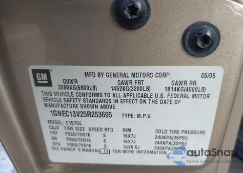 2005 Chevrolet Tahoe Ls z USA, uszkodzony, nr VIN 1GNEC13V25R253695